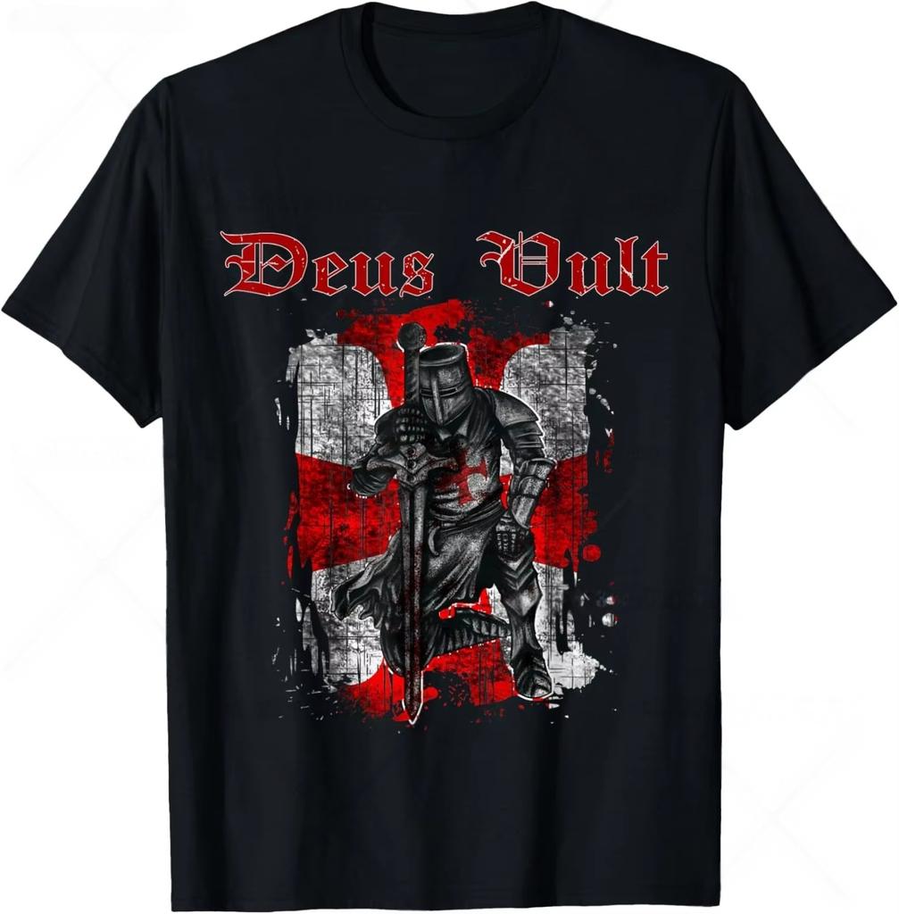 Ретро Готическая футболка Deus Vault Рыцарь Тамплиер Крест Футболка Хлопок Уличная мода Удобная Унисекс С коротким рукавом Повседневный топ
