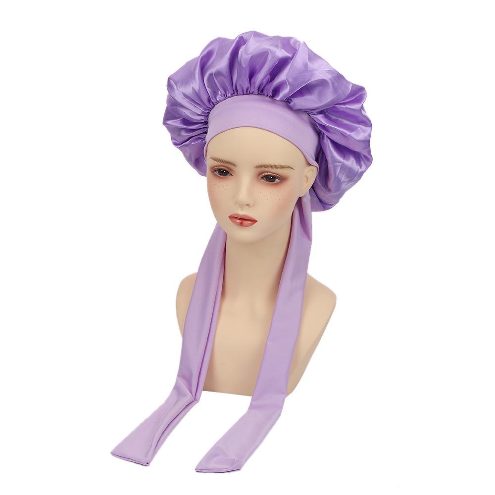 High Elastic Satin Nightcap with Wide Brim & Bow for Salon Hair Care