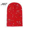 Chic Street Style Hat Colorful Rhinestone Knitted Hat, Faux Pearl Safety Pin Punk Knit Winter Warm Acrylic Bling Hip Hop Cap for Women Fashion