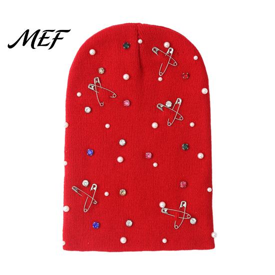 Chic Street Style Hat Colorful Rhinestone Knitted Hat, Faux Pearl Safety Pin Punk Knit Winter Warm Acrylic Bling Hip Hop Cap for Women Fashion