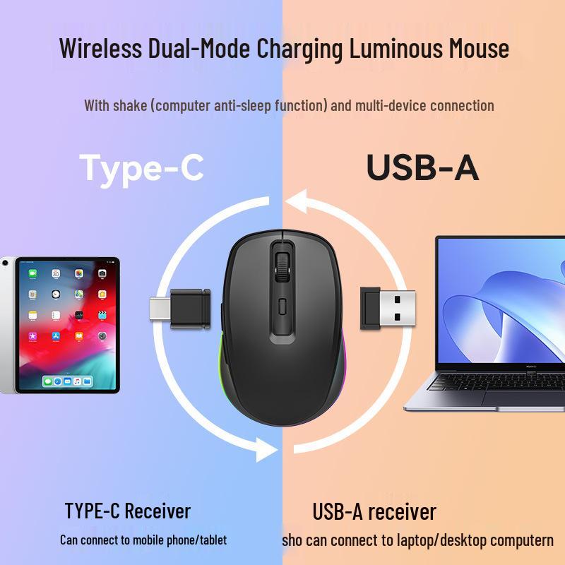 Беспроводная RGB-мышь M106 USB-C, двухрежимная и перезаряжаемая, для настольного компьютера, ноутбука и планшета