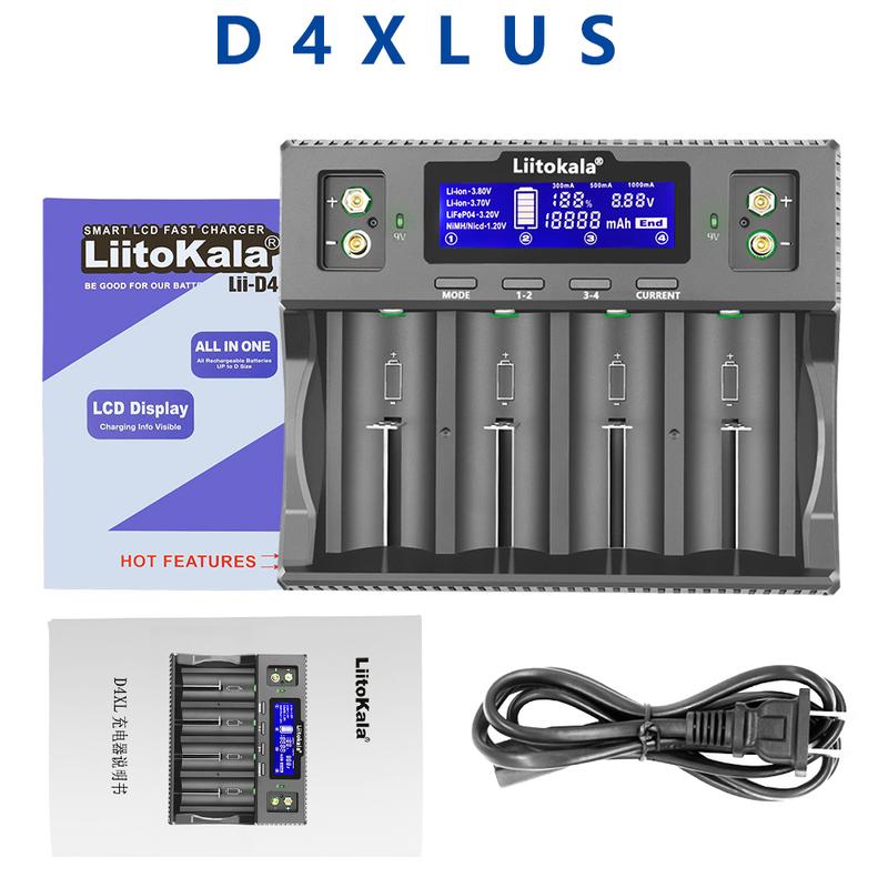 Умное зарядное устройство LiitoKala Lii-D4XL, совместимое с аккумуляторами 3,7 В Li-ion, 3,2 В LiFePO4, 1,2 В NiMH/Cd AA AAA 9 В