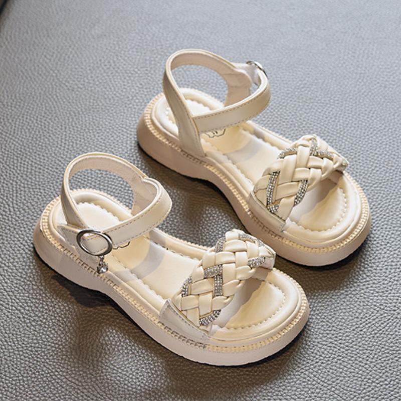 Summer Children Beach Sandals Girls Hook & Loop Toddler Breathable Bling Weave Style Fashion Princess Kid Dress Party Flat Shoes