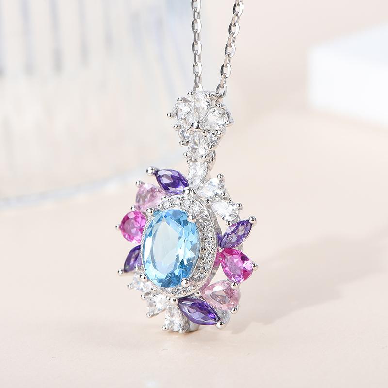 Natural Blue Topaz Oval Cut CMA Certified Pendant 925 Sterling Silver Rhodium Plated Claw Setting Anniversary Gift for Her