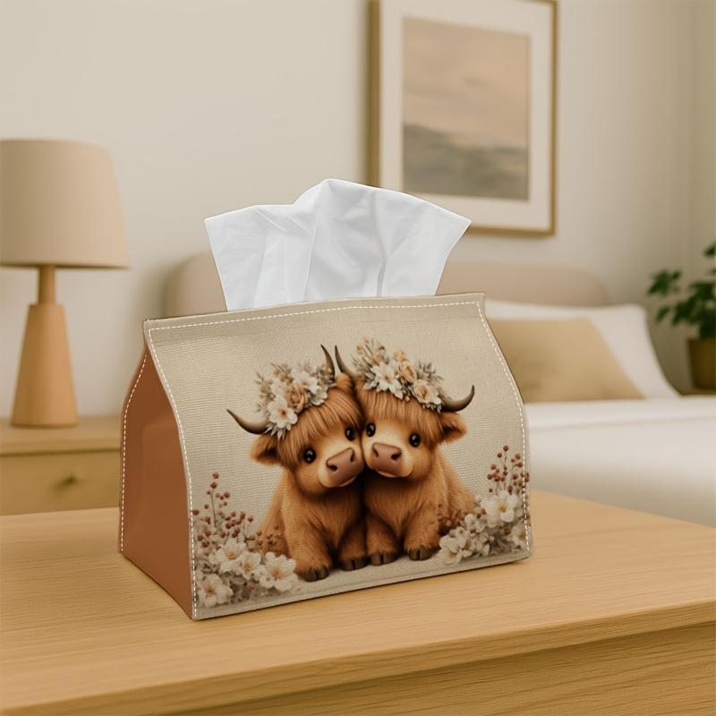 1pc Playful Realistic Multi-Purpose Fabric Tissue Holder with Highland Cow Design, Soft Polyester Container for Kitchen, Living Room, Bedroom, Car- St