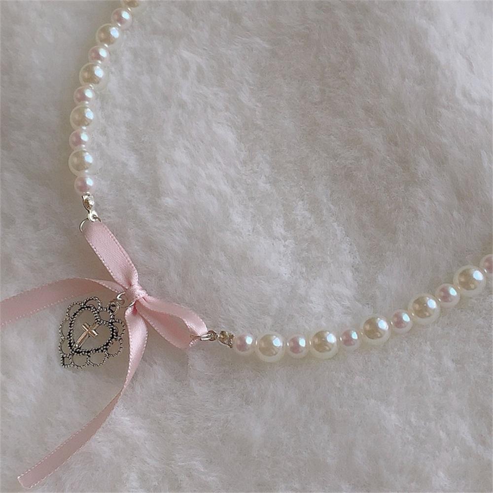 French Romantic Pink Love Bow Pendant Necklace with Pearl Necklace Designed by Female Minority Sweety Clavicle Choker Trendy