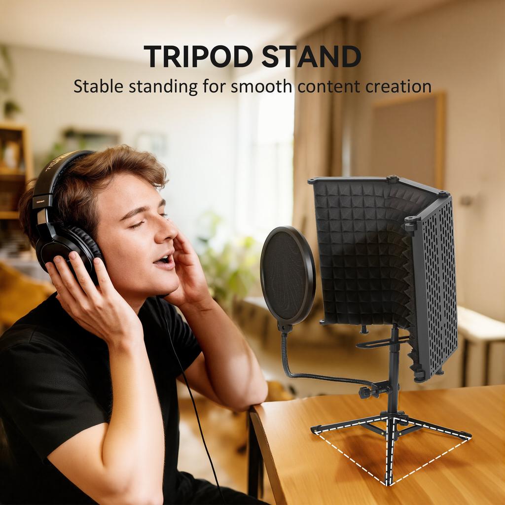 Studio Microphone Isolation Shield with Pop Filter and Tripod Stand, Foldable Adjustable Recording Studio Equipment