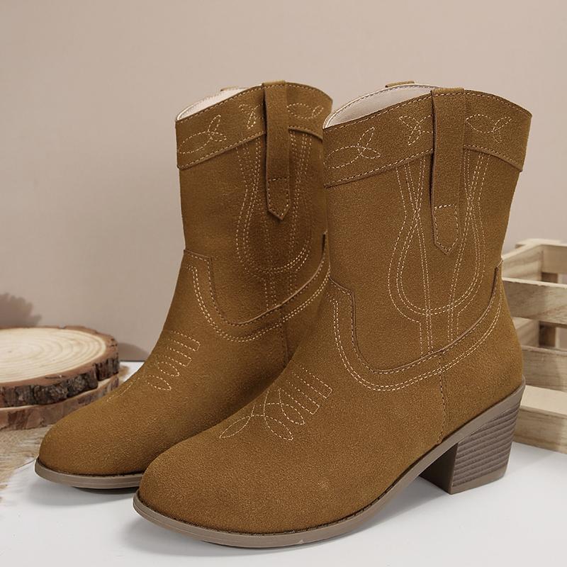 Fashion Women Fashion Embroider Ankle Boots Women's Retro Faux Suede Thick Heel Short Boots Woman High Heels Western Botas 43