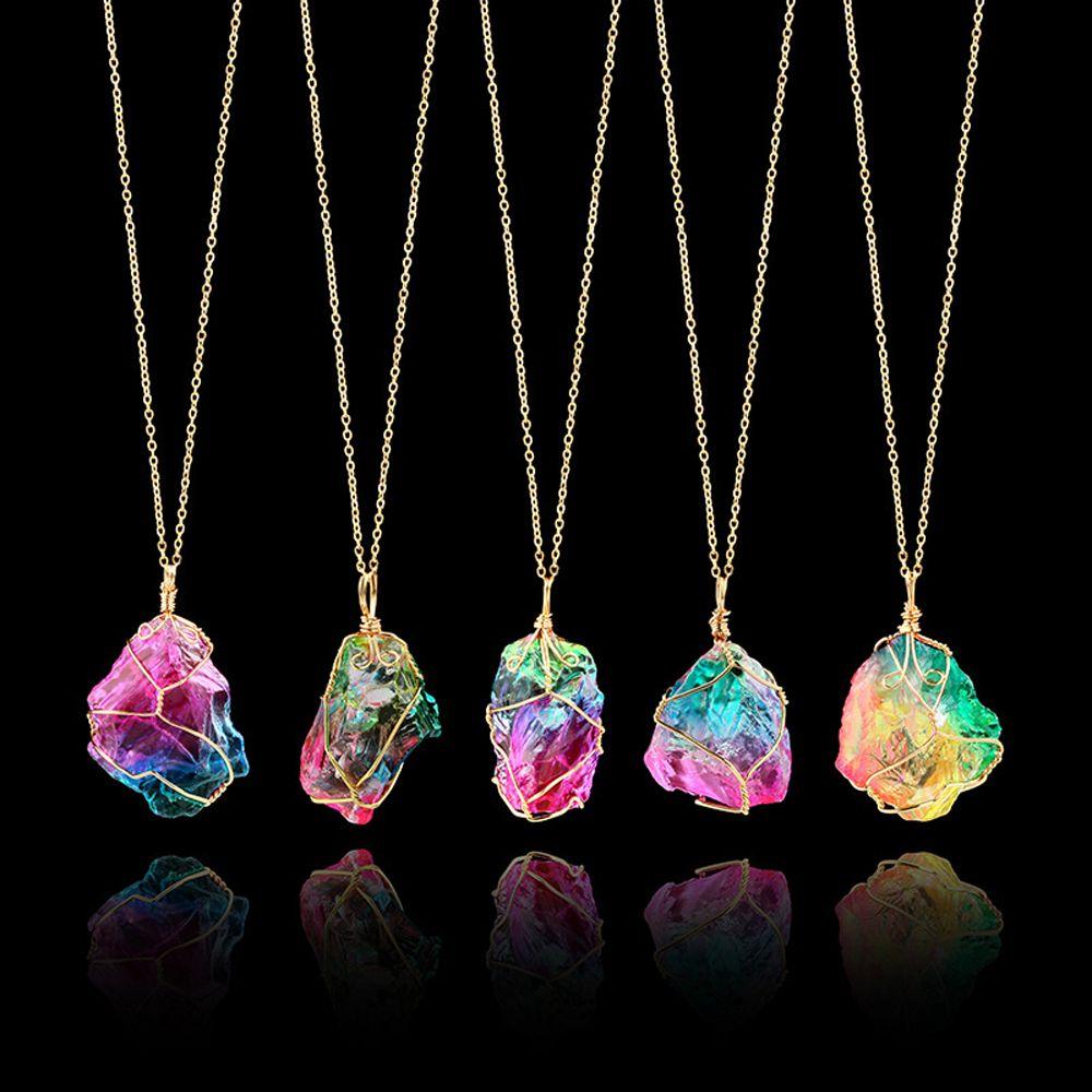 Gold Plated Chakra Quartz Jewelry Natural Crystal Pendant Necklace Irregular Rainbow Stone