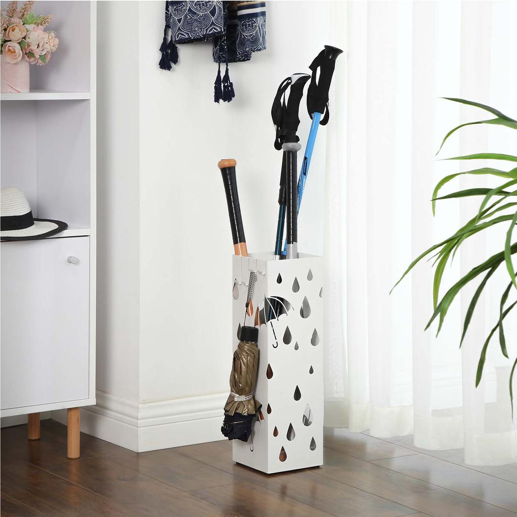 SONGMICS Metal Umbrella Stand, Square Umbrella Holder with Drip Tray and 4 Hooks, 15.5 x 15.5 x 49 cm, White