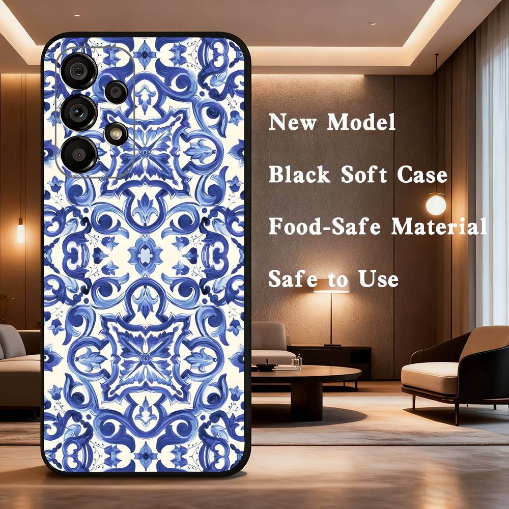 blue and white porcelain Phone Case For Samsung Galaxy A73,31,32,72,41,53,52,71,22,5G,Note,J7,8,9 Soft Black Cover