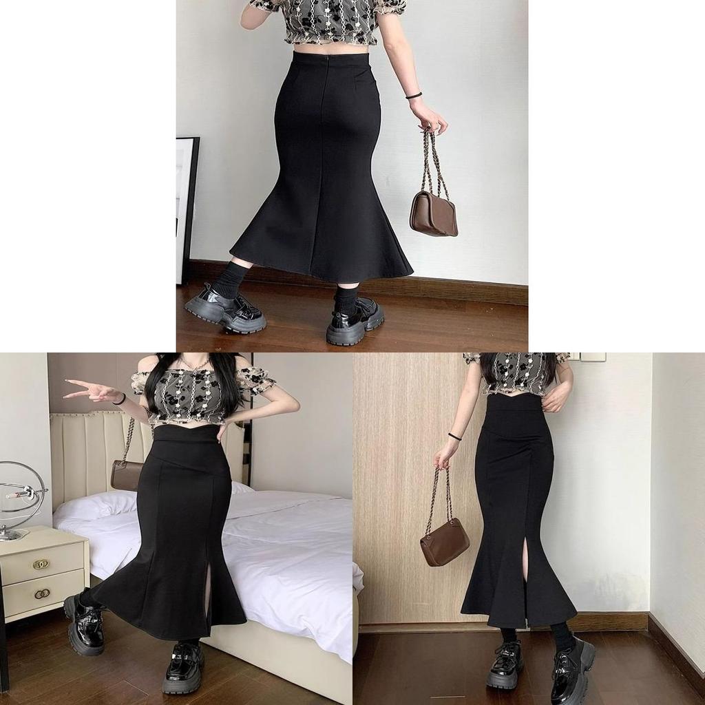 Black Mermaid Skirt With High Waist And Side Slit For Elegant Office Wear