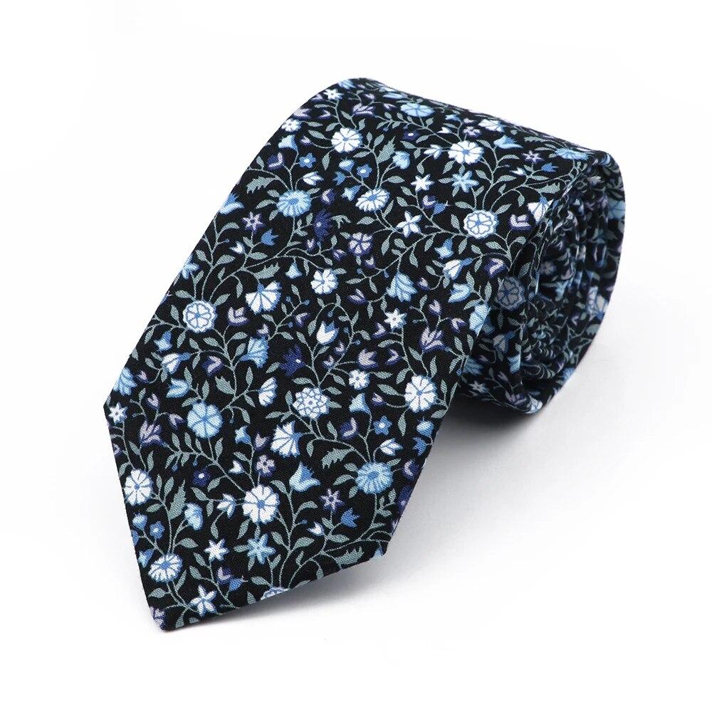 Floral Tie, For Men Women, 100% Cotton, Elegant Flower Necktie, White, Blue, Narrow Skinny, Wedding, Party