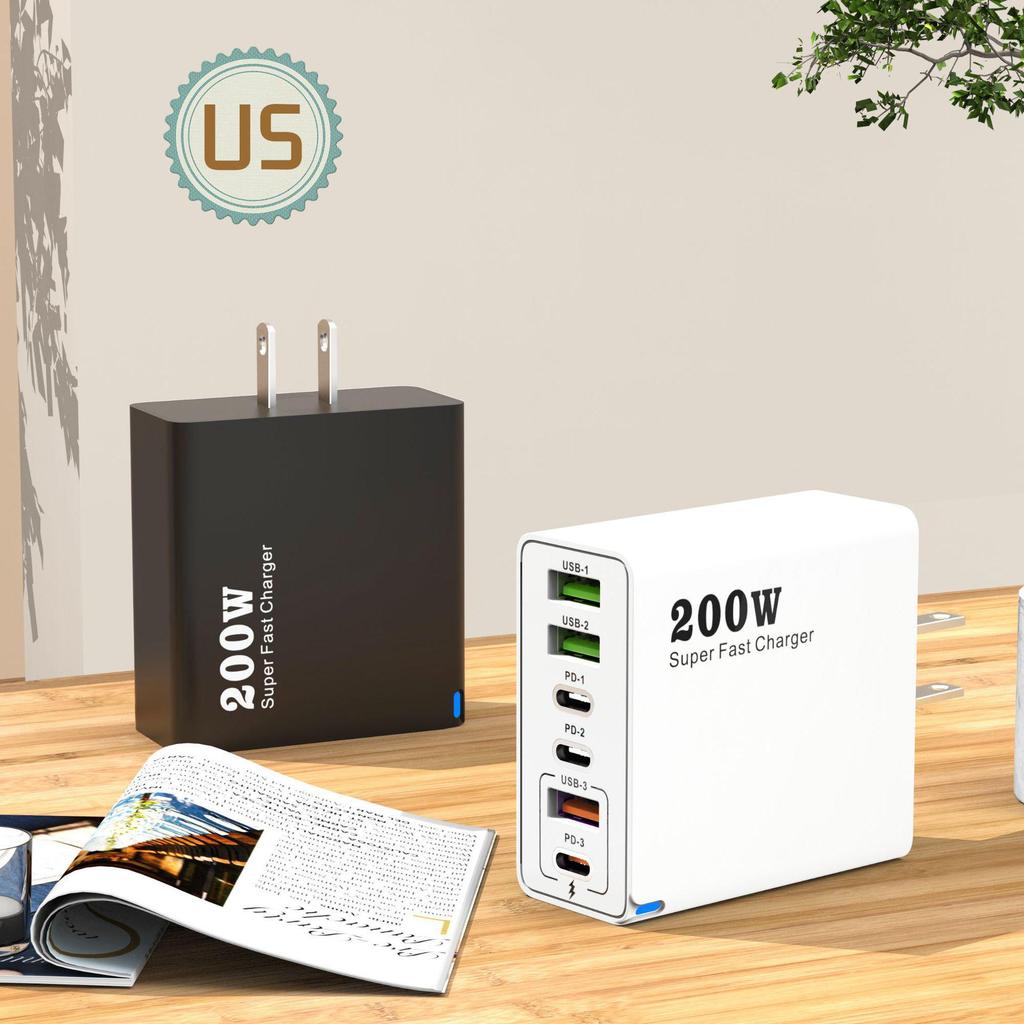 Многопортовое зарядное устройство 200 Вт: 3 USB + 3 PD, Быстрое зарядное устройство 6-в-1 для мобильных телефонов, 5 В/2,4 А, Стандарты ЕС/США/Великобритании