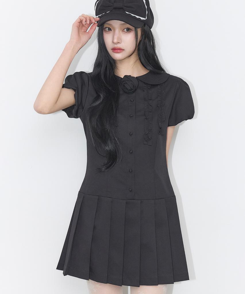 Iligo Rose Pleated Mini Dress Black