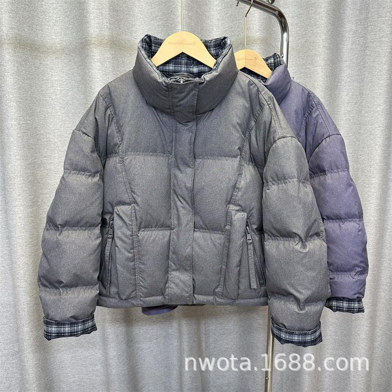 White goose down plaid collar contrasting color down jacket women's short winter new thickened loose stand-up collar fashion coat