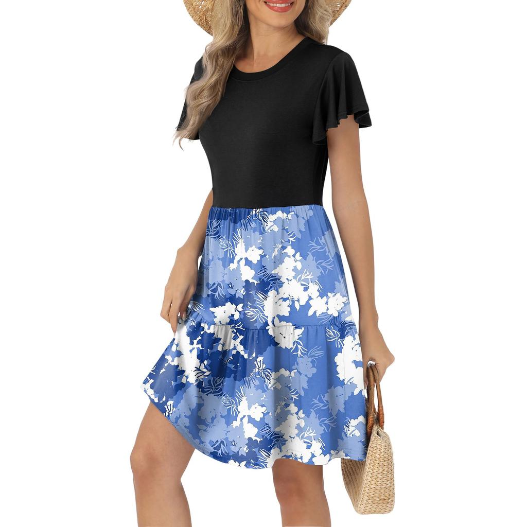 Women's Summer Ruffle Sleeve Round Neck With Pocket Vintage Floral Print Casual Dresses