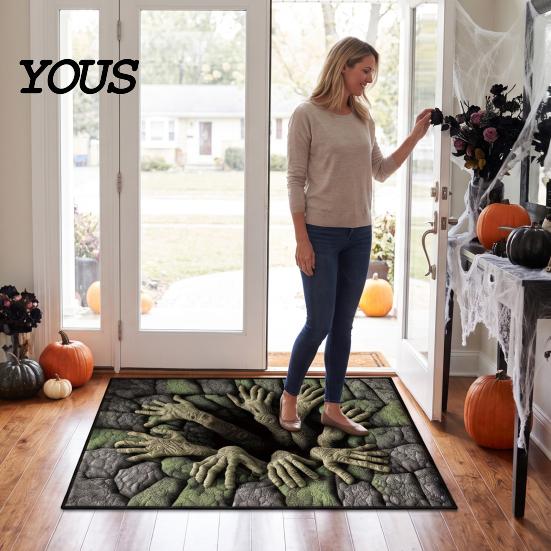 Modern Goth Interior Decor 3D Skeleton Halloween Rug, Spooky Optical Illusion Entrance Depth Decorative Living Room Rug Pattern Non-Slip Floor Mat