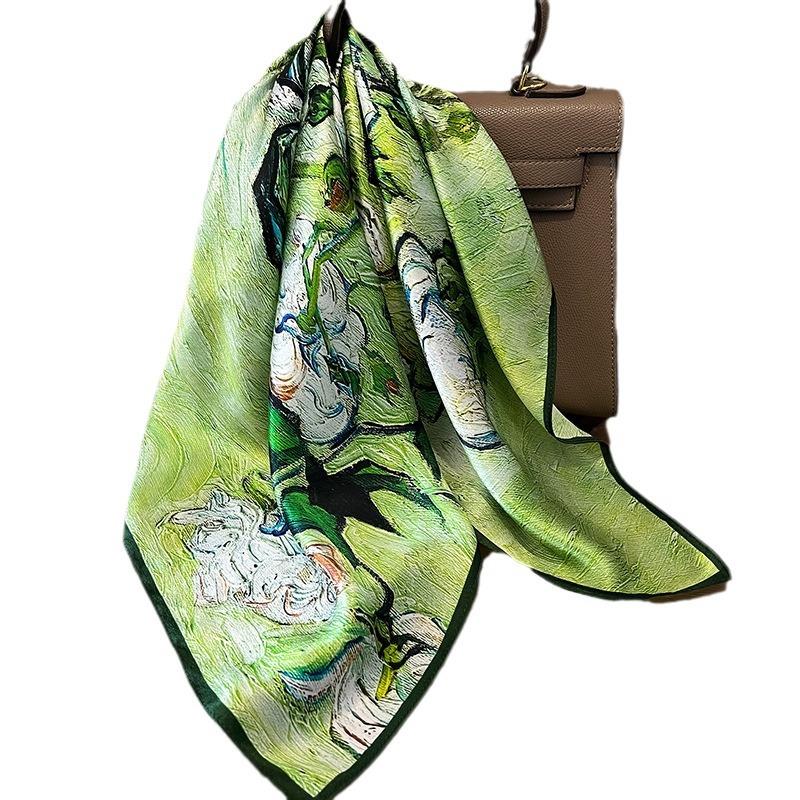 111% silk silk scarf women's spring new oil painting white rose mulberry silk scarf fashionable versatile and elegant 71 square scarf