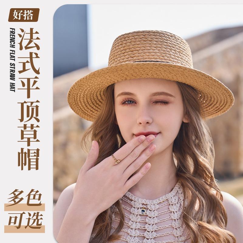 Top Hat British Fashion Flat Brim Hat Flat Top Straw Hat Seaside Beach Shade Sun Hat