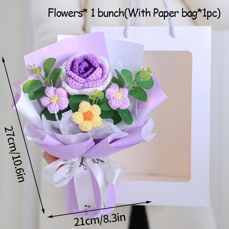 Mother'S Day Crochet Bouquet Finished Hand-Woven Artificial Flower Graduation Season Girl Friends Birthday Bouquet With Gift Bag