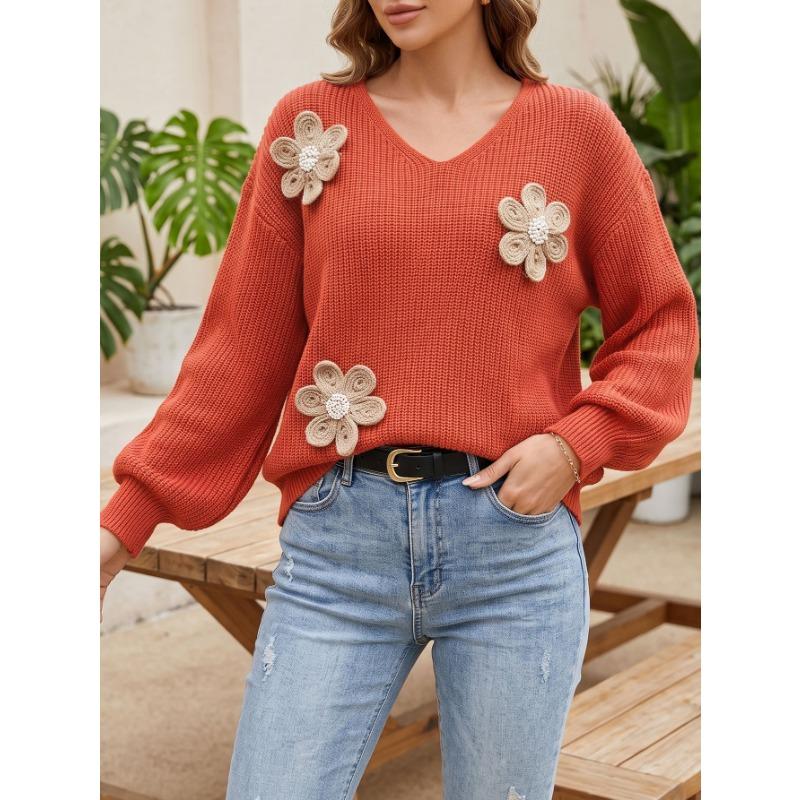 Women S V Neck Long Sleeve Pullover Knit Sweater With Beaded Flower Patch