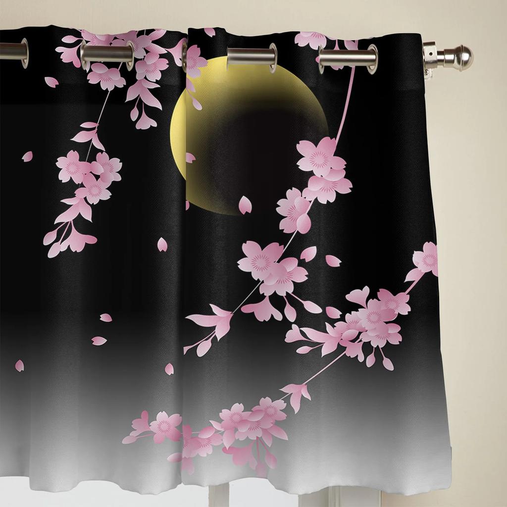 2pcs Japanese Cherry Blossom Moon Minimalist Curtains for Living Room Bedroom Modern Window Decor