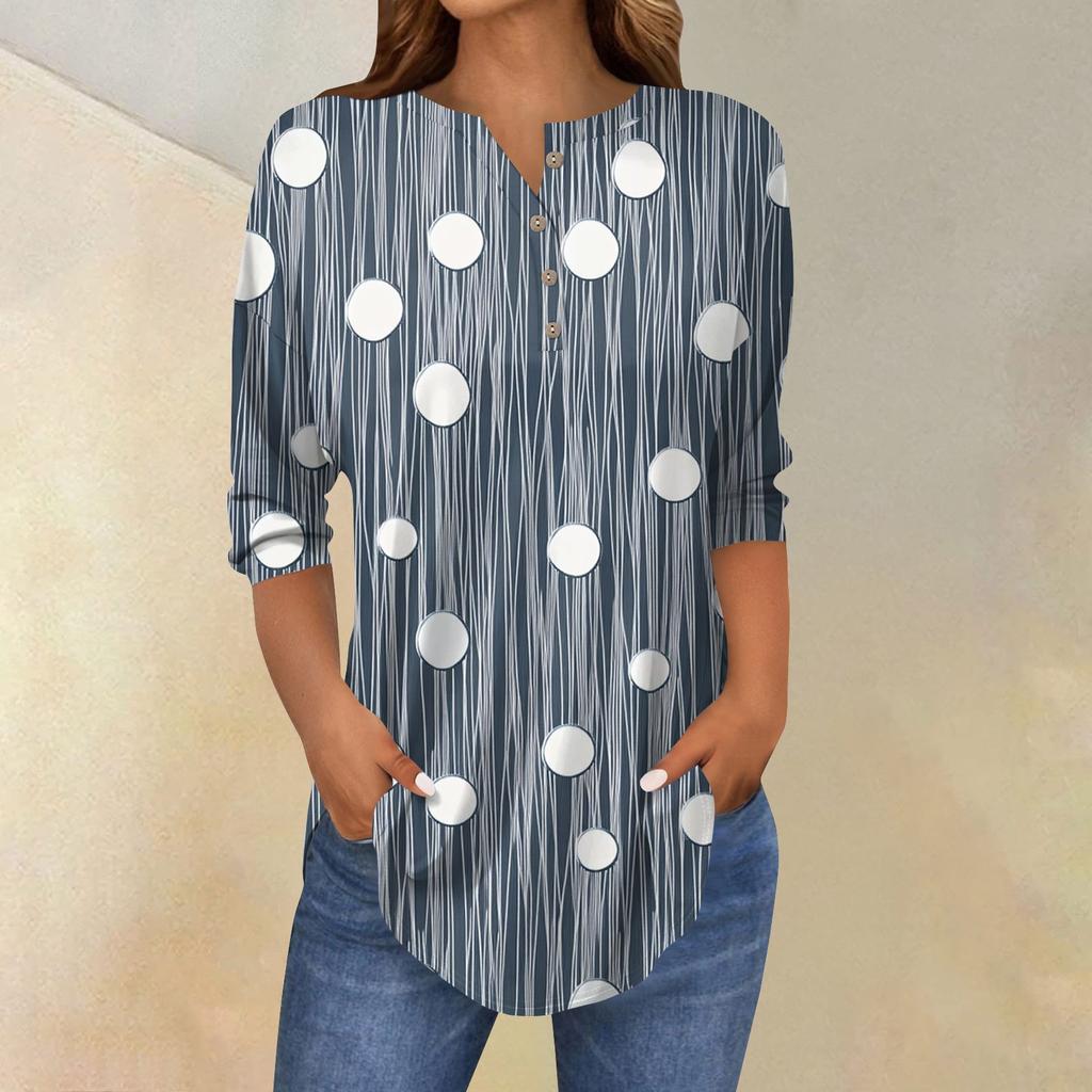 Женская свободная футболка с воротником на пуговицах и винтажным цветочным принтом, рукав три четверти