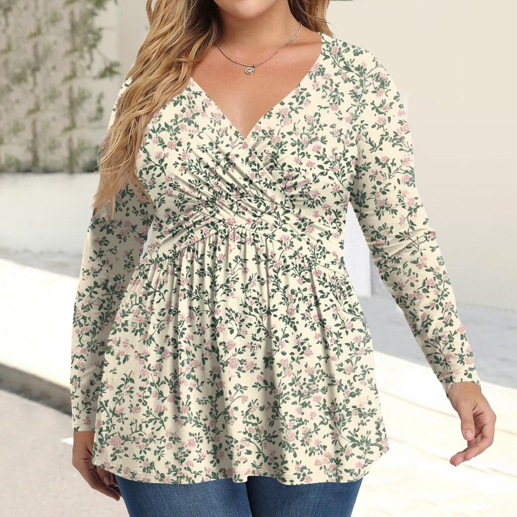 Women's Plus Size Shirt Long Sleeve Print Top Pleated Casual V-Neck Top
