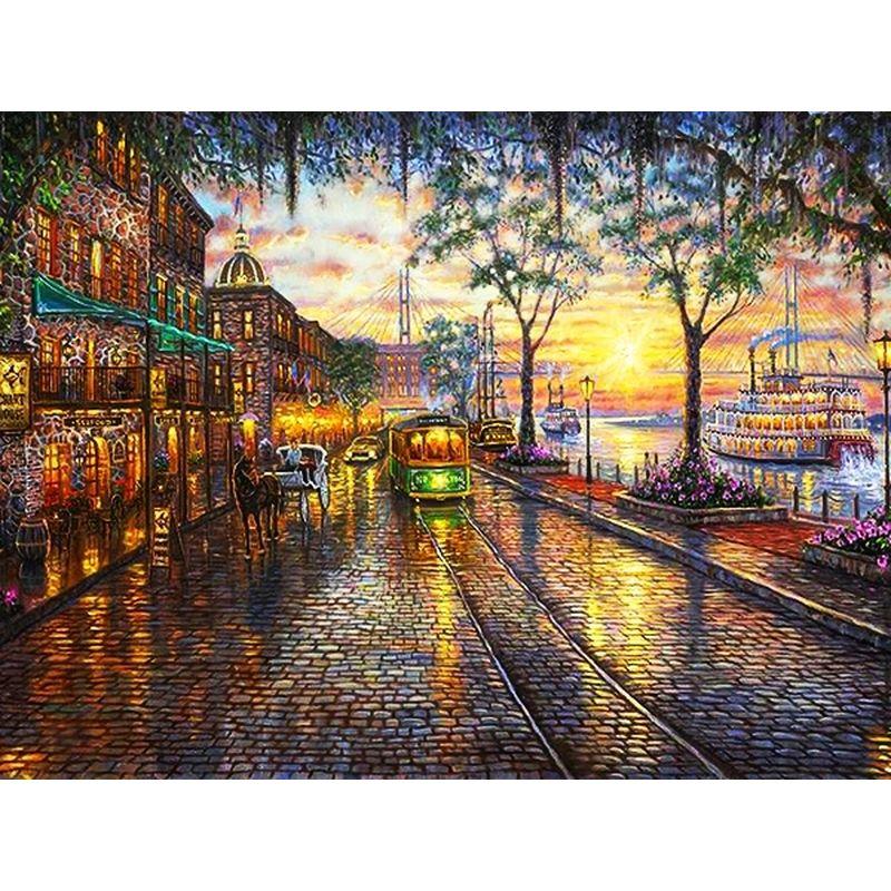 Алмазная вышивка Городской пейзаж Алмазная картина Мозаика Полный квадрат Круглый пейзаж Дрель Стразы Картина Искусство