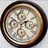Старинные деревянные настенные часы с индикацией мирового времени – 5 часовых поясов стран, цельное латунное кольцо, 40,64 см
