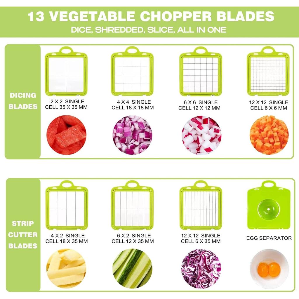 22-in-1 Manual Vegetable Chopper, Stainless Steel/ABS, with Handle, Green/Gray, Kitchen Gadget