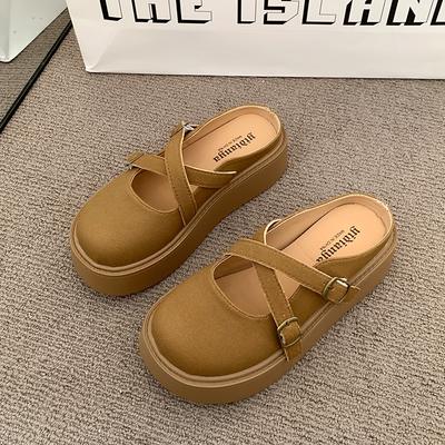 Модные женские шлепанцы с толстой подошвой баотоу, весенняя новинка, с круглым носком, с неглубоким вырезом, с ремешком и пряжкой, нескользящие, на плоской подошве