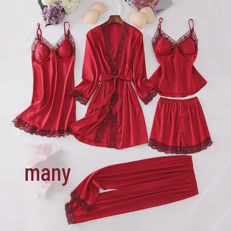 Женский шелковый кружевной пижамный комплект - 5 предметов: ночная рубашка с длинными рукавами, майка и шорты на весну, лето и осень