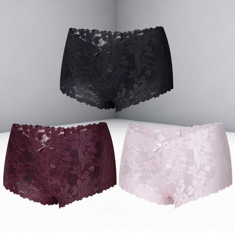 FINETOO 3Pcs Women's Sexy Lace Floral Perspective Boyshorts Solid Color Hollow Out Boxer Panties Female Breathable Transparent Lingerie