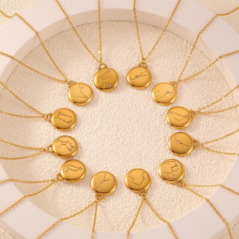 Fenny Fashion Embossed Stars 12 Constellations Round Brand Pendant Necklace 18K Gold Plated Stainless Steel Jewelry