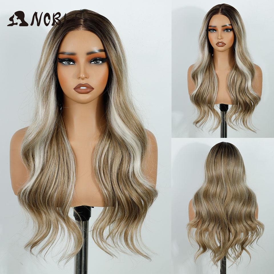 Noble Synthetic Lace Front Wigs For Women 26 Inch Long Wavy Ombre Blonde White Highlight Pre Plucked Pre-Cut Cosplay Lace Wigs