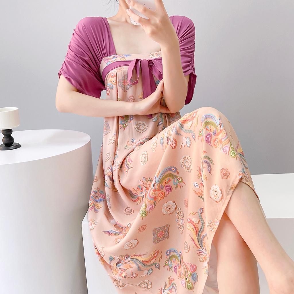 Women's nightgown thin short-sleeved printing light luxury simple breathable casual loungewear long skirt can be worn outside