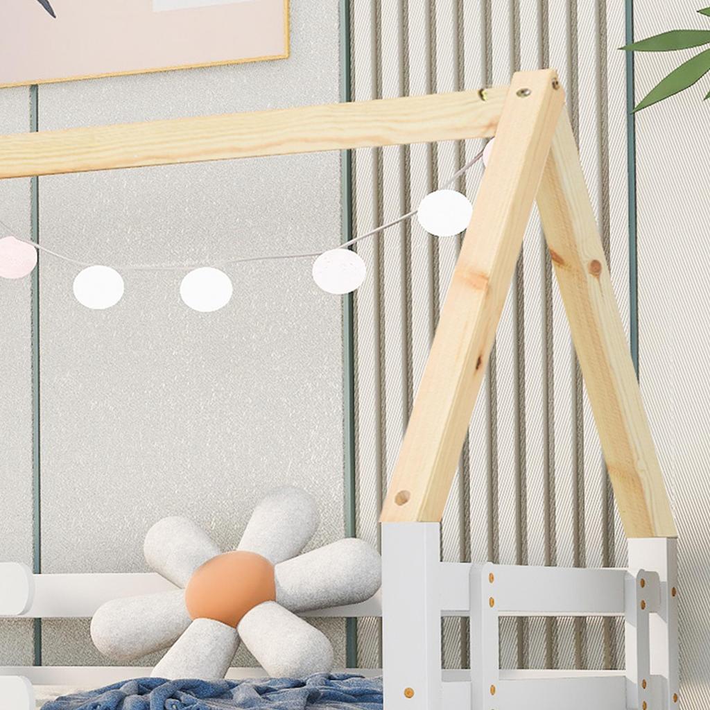 Children's Bed Fliek House Bed 200x90cm with Fall Protection and Slatted Frame, Daybed with Rollers Underneath for Girls & Boys, White+Natural-colored