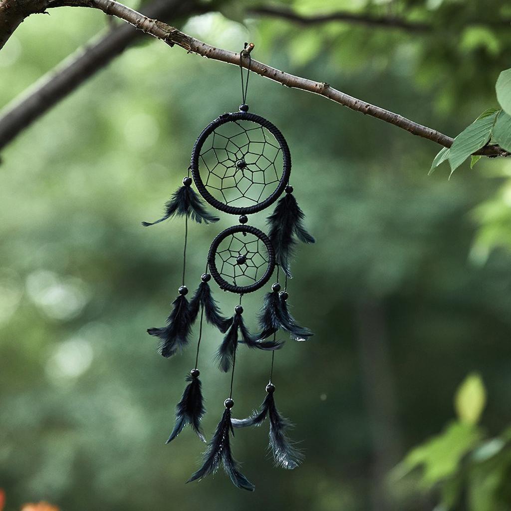 Boho Double Loop Dreamcatcher - Silk Thread Wall Art with Feathers, Car & Room Pendant