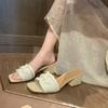 Cowhide Version~ New Thick-heeled Woven Slippers, Summer Women's Fashion Beach Shoes, Half-drag French Evening Sandals
