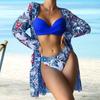 3Pcs/Set Women Bathing Suit Floral Water Spa Sexy Attractive Long Sleeve Cover Up Bra Briefs Water Sports Clothes