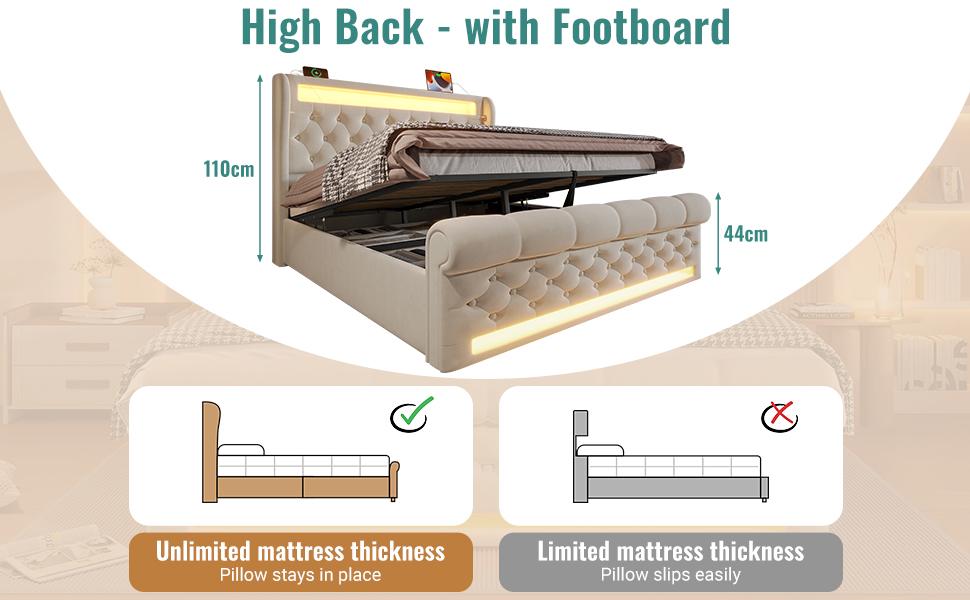Upholstered Bed Double 140x200cm, with LED Lights, Storage Headboard with USB and Type-C Ports, Hydraulic Storage, Beige, Velvet (Without Mattress)