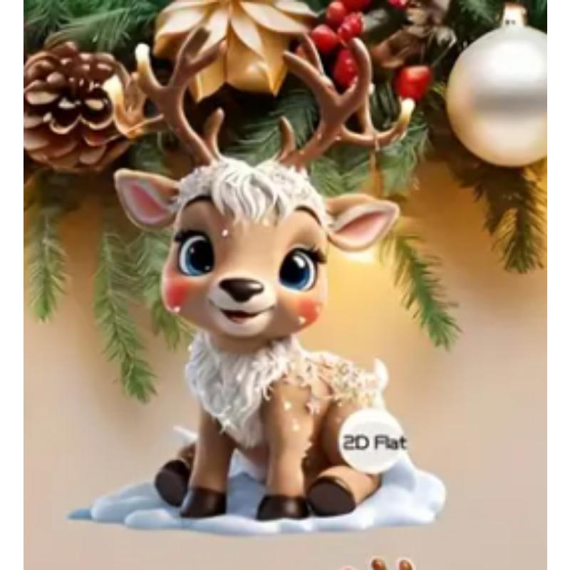 Cute Elk Baby with Christmas Lights Acrylic 2D Flat Pendant Christmas Tree Decoration Pendant Car Rearview Mirror Pendant Holiday Decoration Pendant