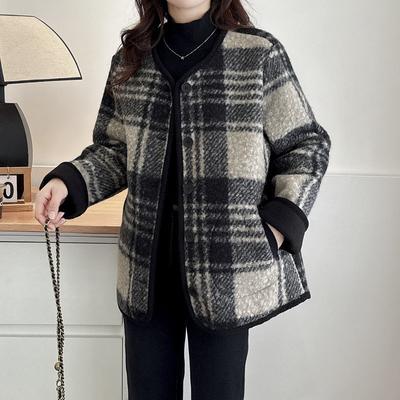 Женское шерстяное пальто с узором в клетку, повседневная свободная куртка с длинными рукавами, модная теплая однобортная верхняя одежда с круглым вырезом и пряжкой, весна-осень