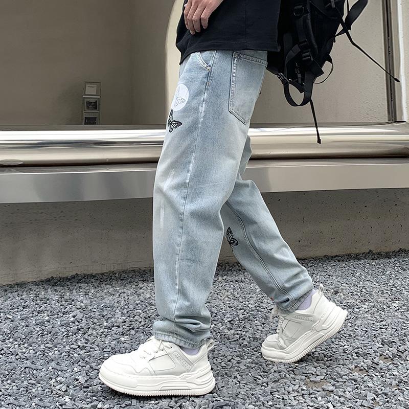 Guochao Denim Daddy Pants Fashion Butterfly Print Light Blue Washed Jeans Men's and Women's Couple Pants