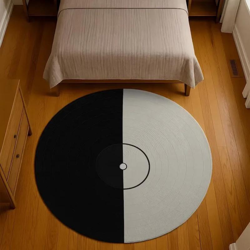 Vinyl Record Round Rug, Music Themed Black  White Carpet, Soft Non-Slip Decor Mat for Living Room  Bedroom