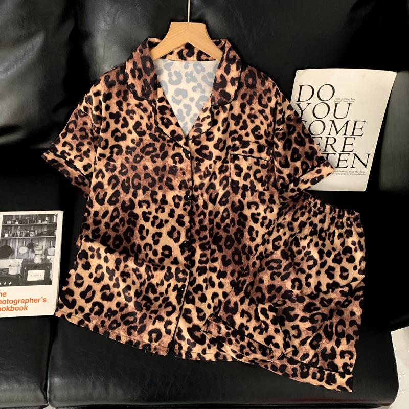 Premium Light Luxury Leopard Print Short-Sleeved Ice Silk Pajamas Women Can Wear Loungewear In Summer