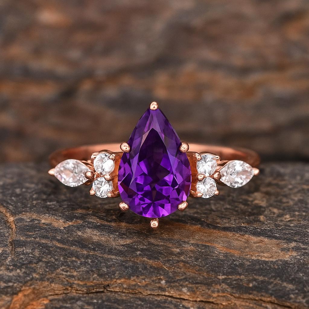 Pear Cut Amethyst Engagement Ring Rose Gold Plated | Purple Amethyst Cluster Ring | Vintage Marquise Moissanite | Dainty Promise Ring
