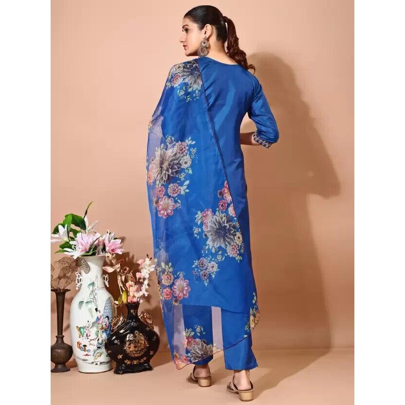 Indian Women Art Silk Kurta Pant Dupatta Set Bollywood Party Wear Tunic Kurti VF-20151